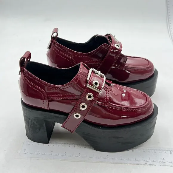 Pazzion Burgundy Platform Round Toe Loafers Chunky High Heels Buckle Up Oxfords