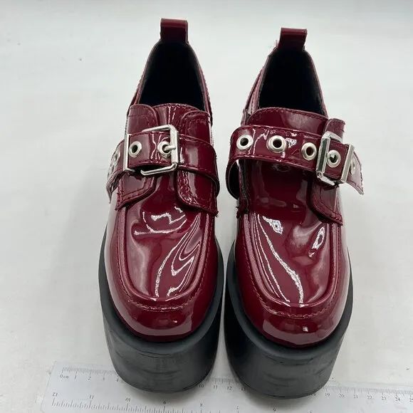 Pazzion Burgundy Platform Round Toe Loafers Chunky High Heels Buckle Up Oxfords