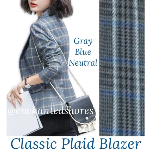 Plaid Blazer Vintage Herringbone Houndstooth Tweed Gray Blue Black Women Size 14