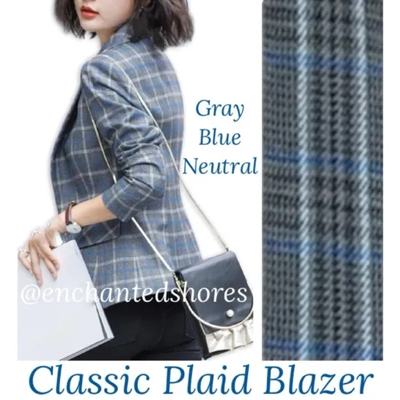 Plaid Blazer Vintage Herringbone Houndstooth Tweed Gray Blue Black Women Size 14