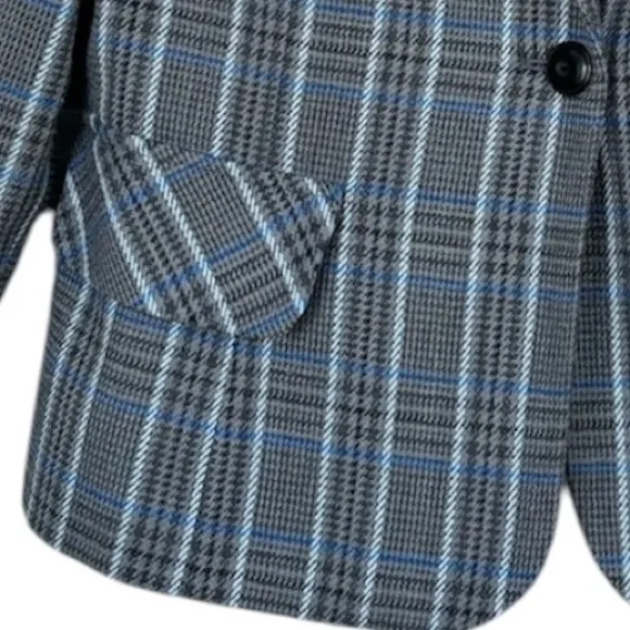 Plaid Blazer Vintage Herringbone Houndstooth Tweed Gray Blue Black Women Size 14