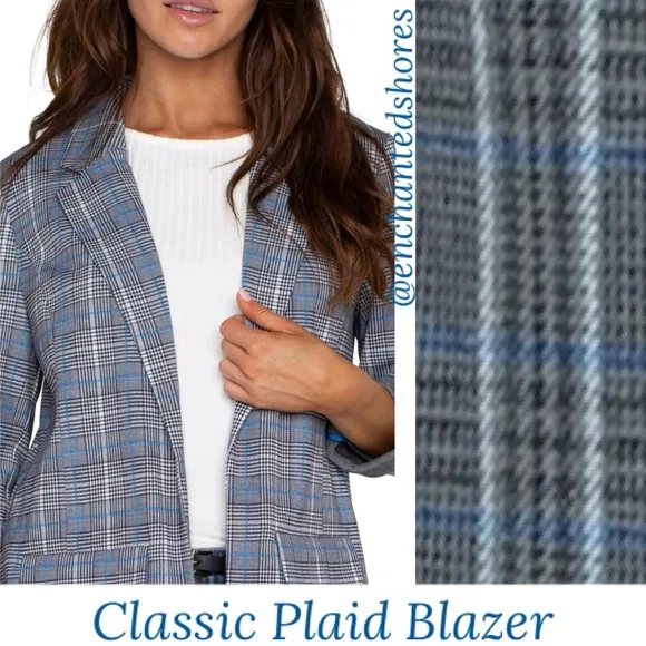 Plaid Blazer Vintage Herringbone Houndstooth Tweed Gray Blue Black Women Size 14