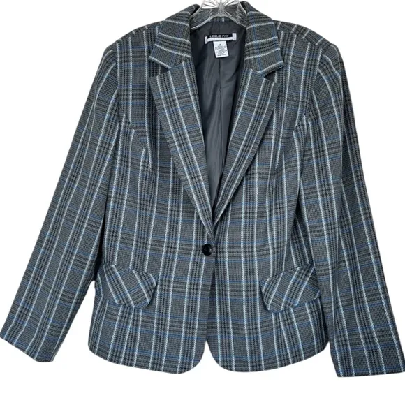 Plaid Blazer Vintage Herringbone Houndstooth Tweed Gray Blue Black Women Size 14