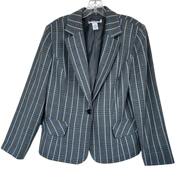 Plaid Blazer Vintage Herringbone Houndstooth Tweed Gray Blue Black Women Size 14