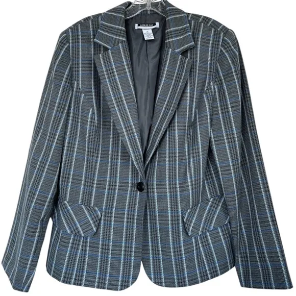 Plaid Blazer Vintage Herringbone Houndstooth Tweed Gray Blue Black Women Size 14