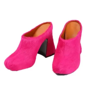 Platform Faux Fur Heeled Chunky Clogs Mules Fuchsia Pink