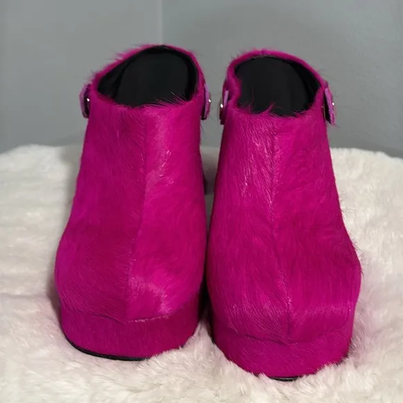 Platform Faux Fur Heeled Chunky Clogs Mules Fuchsia Pink