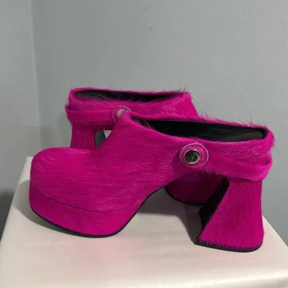 Platform Faux Fur Heeled Chunky Clogs Mules Fuchsia Pink