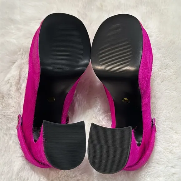 Platform Faux Fur Heeled Chunky Clogs Mules Fuchsia Pink