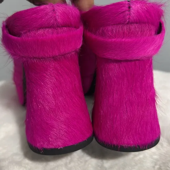 Platform Faux Fur Heeled Chunky Clogs Mules Fuchsia Pink
