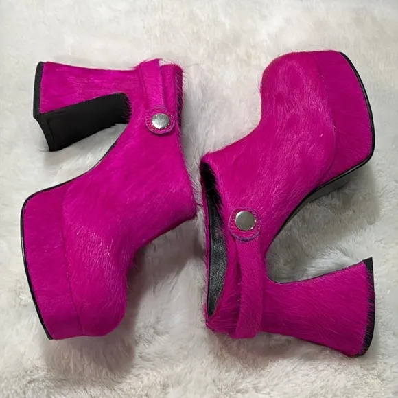 Platform Faux Fur Heeled Chunky Clogs Mules Fuchsia Pink