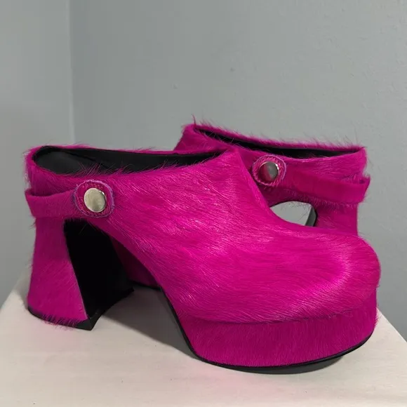 Platform Faux Fur Heeled Chunky Clogs Mules Fuchsia Pink