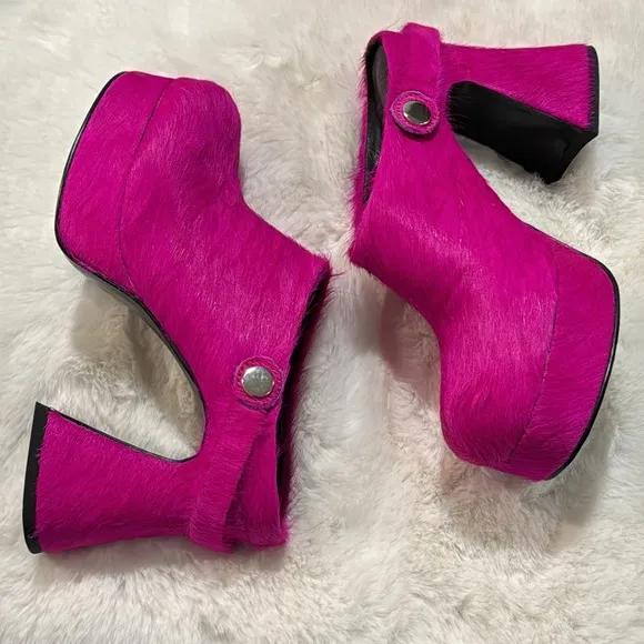 Platform Faux Fur Heeled Chunky Clogs Mules Fuchsia Pink