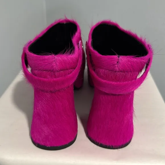 Platform Faux Fur Heeled Chunky Clogs Mules Fuchsia Pink