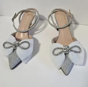 Pointed-Toe Ankle Strap Heels Glitter Double Bow Formal Dressy Pump US Size 11