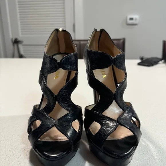 Prada Black Strappy Heels with Glossy Finish