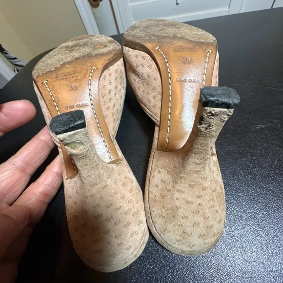 Prada eur 38 light brown suede pattenered mules  with rosette and pointy toe
