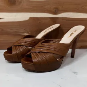 Prada Leather Platform Heels Slides Mules Brown Ruched Designer Sz 37.5/ US 6.5