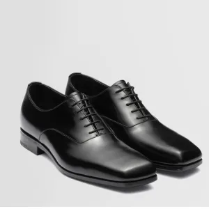 Prada Mens 7.5 Luxury Italian Calfskin Leather Oxfords Lace Up Dress Shoes Black