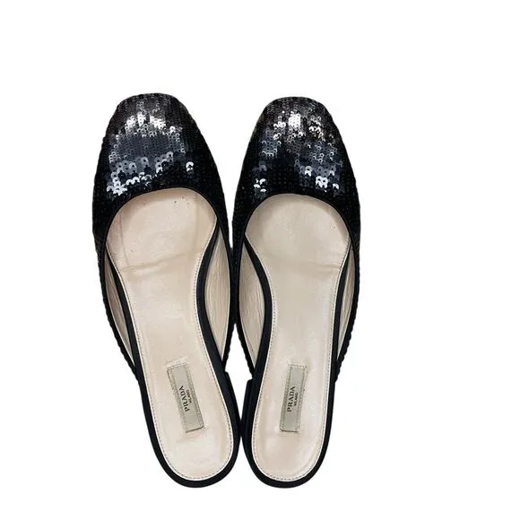 Prada Mules US 6.5 Sequin Ombre Multicolor Glam Designer Round Toe Slip On Bling