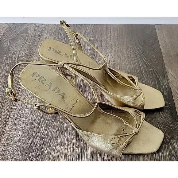 Prada Stiletto Heels Gold Leather Strappy Slingback Greek Goddess 39 EU / 9 US
