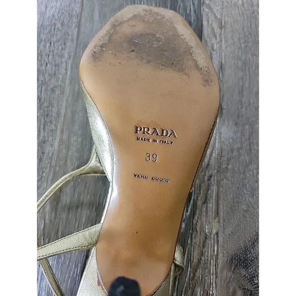 Prada Stiletto Heels Gold Leather Strappy Slingback Greek Goddess 39 EU / 9 US