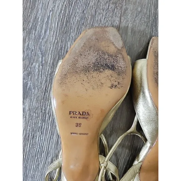 Prada Stiletto Heels Gold Leather Strappy Slingback Greek Goddess 39 EU / 9 US