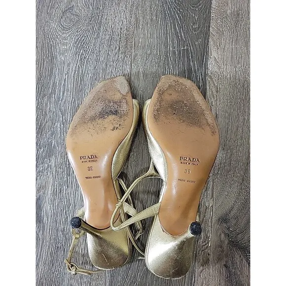 Prada Stiletto Heels Gold Leather Strappy Slingback Greek Goddess 39 EU / 9 US