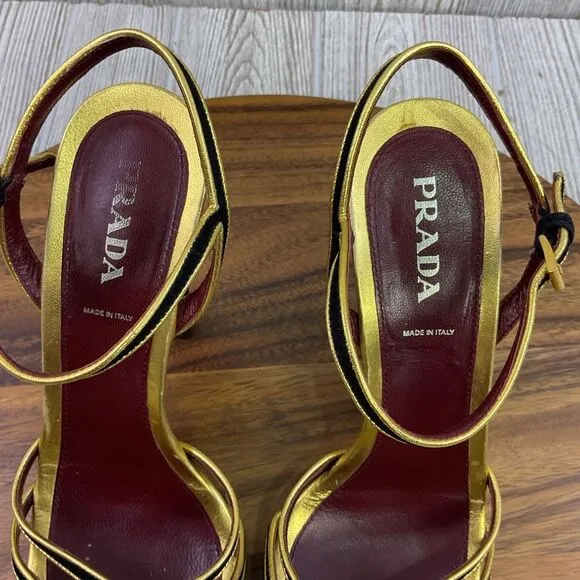 Prada Women's Size 40.5 US 10.5 Red Metallic Gold Strappy Pump Heels Leather