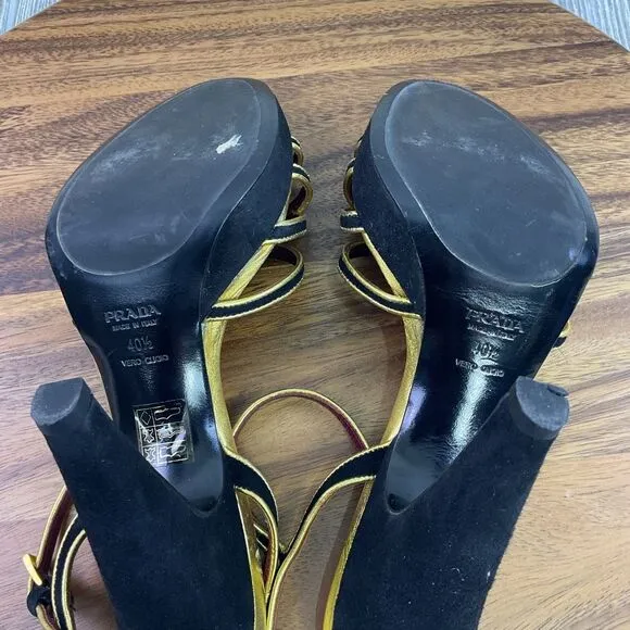 Prada Women's Size 40.5 US 10.5 Red Metallic Gold Strappy Pump Heels Leather