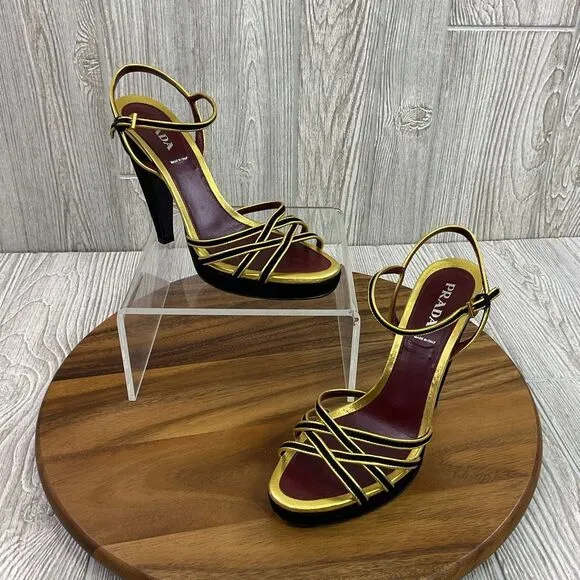 Prada Women's Size 40.5 US 10.5 Red Metallic Gold Strappy Pump Heels Leather