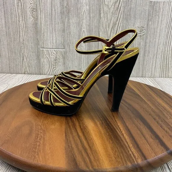 Prada Women's Size 40.5 US 10.5 Red Metallic Gold Strappy Pump Heels Leather