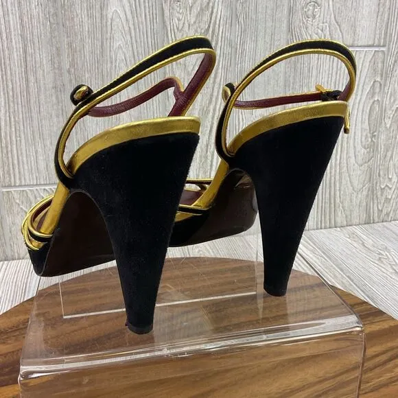 Prada Women's Size 40.5 US 10.5 Red Metallic Gold Strappy Pump Heels Leather