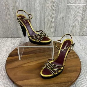 Prada Women's Size 40.5 US 10.5 Red Metallic Gold Strappy Pump Heels Leather