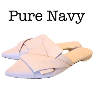 Pure Navy Pale Pink Pointed Knotted Leather Mules Size 7