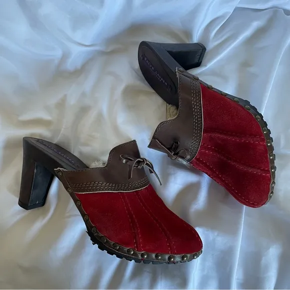 Purple Label Ralph Lauren Red Suede Mule Heels Leather Shearling Lined Winter