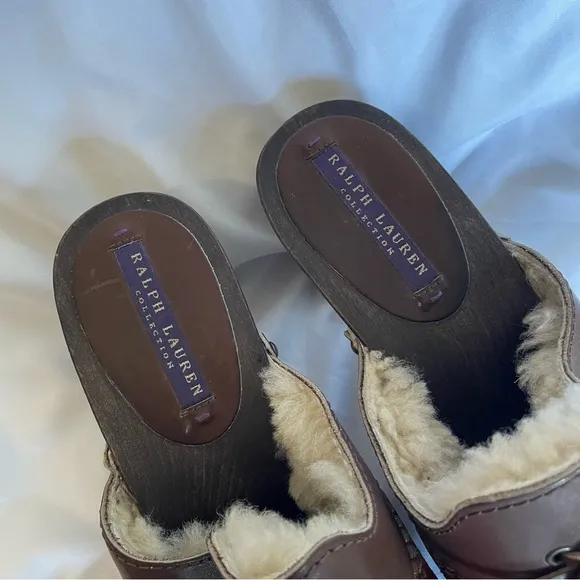 Purple Label Ralph Lauren Red Suede Mule Heels Leather Shearling Lined Winter