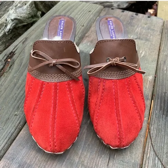 Purple Label Ralph Lauren Red Suede Mule Heels Leather Shearling Lined Winter
