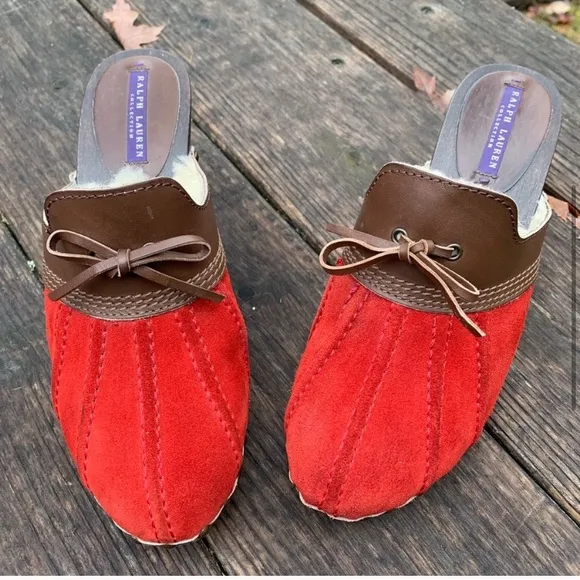 Purple Label Ralph Lauren Red Suede Mule Heels Leather Shearling Lined Winter