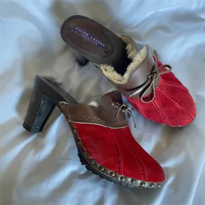 Purple Label Ralph Lauren Red Suede Mule Heels Leather Shearling Lined Winter