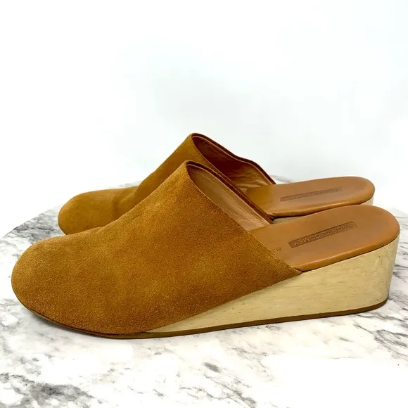 Rachel Comey Sucasa Slipper Suede Wood Wedge Mules 8.5 Bohemian Minimalist Retro