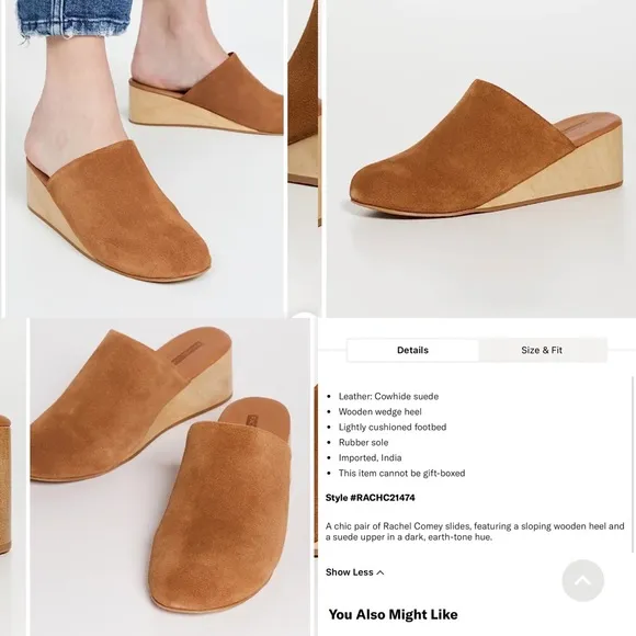 Rachel Comey Sucasa Slipper Suede Wood Wedge Mules 8.5 Bohemian Minimalist Retro