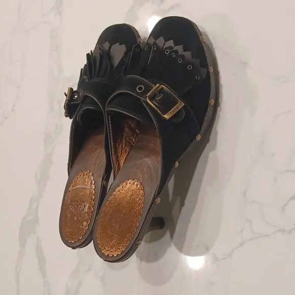 RAFE NEW YORK SPAIN SUEDE FRINGED WOODEN SOLE MULES HEELS WOMENS SIZE 38, 7.5