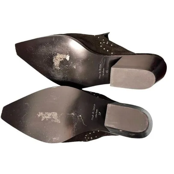 Rag and Bone Westin Black Suede Heeled Mules, Silver Studded, Square Toe, Size 7