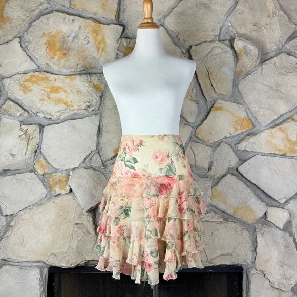 Ralph Lauren Blue Label Tiered Silk Skirt Heirloom Rose | M