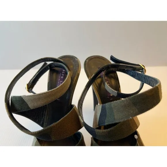 Ralph Lauren Collection Camo Canvas Strappy Heels, Size 9