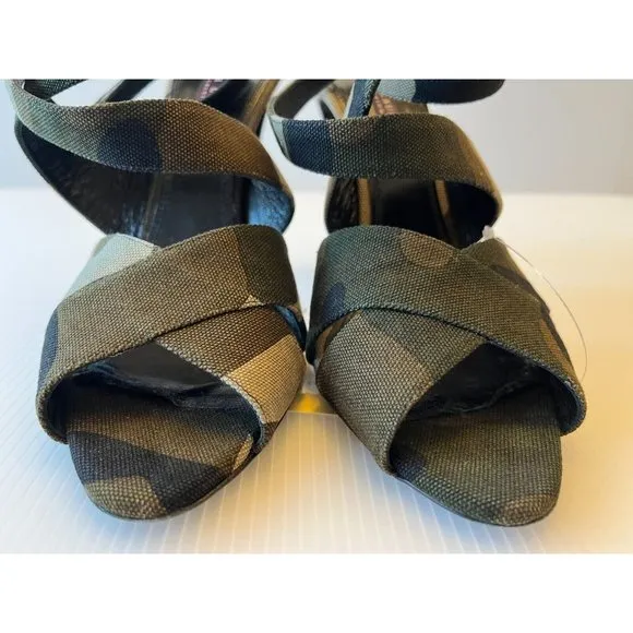 Ralph Lauren Collection Camo Canvas Strappy Heels, Size 9