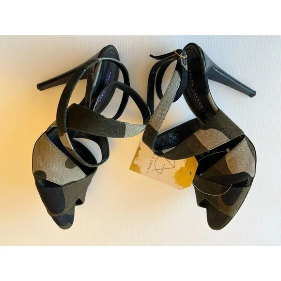 Ralph Lauren Collection Camo Canvas Strappy Heels, Size 9