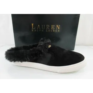 Ralph Lauren Jinny Mules Slip On Sneaker Cozy Faux Fur Trim Suede Black Size 7.5