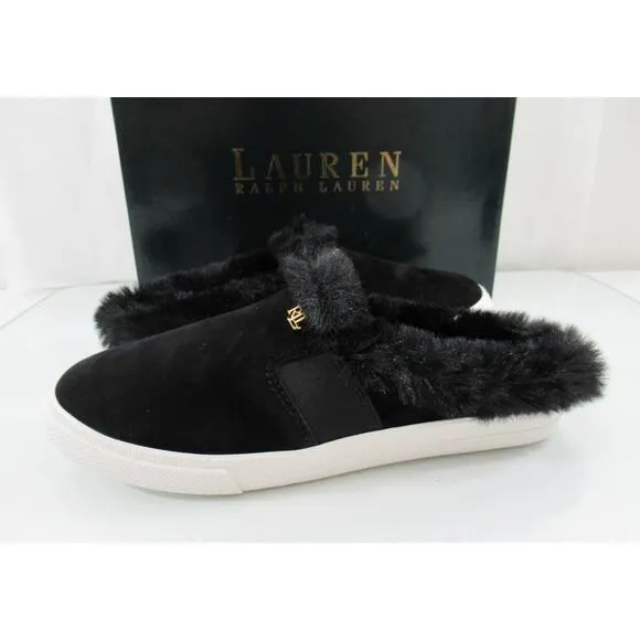 Ralph Lauren Jinny Mules Slip On Sneaker Cozy Faux Fur Trim Suede Black Size 7.5